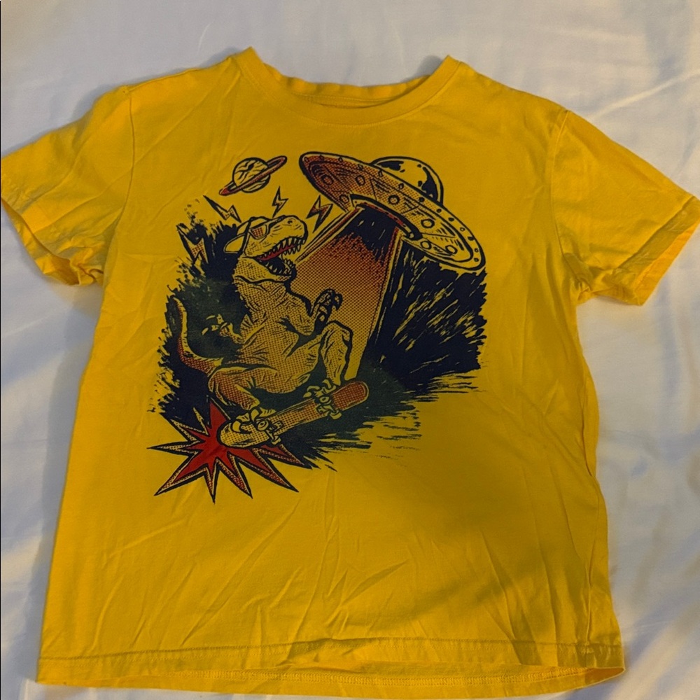 Vibrant Yellow Kids' T-Shirt with Dinosaur and UFO Graphic